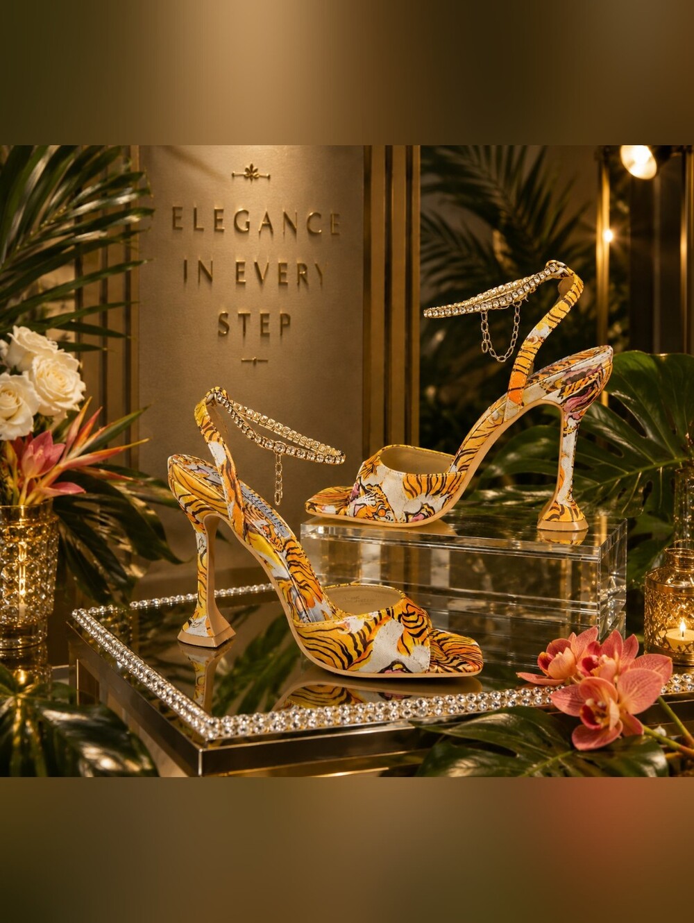 Tiger-Print Yellow High-Heel Sandals with Crystal Ankle Strap